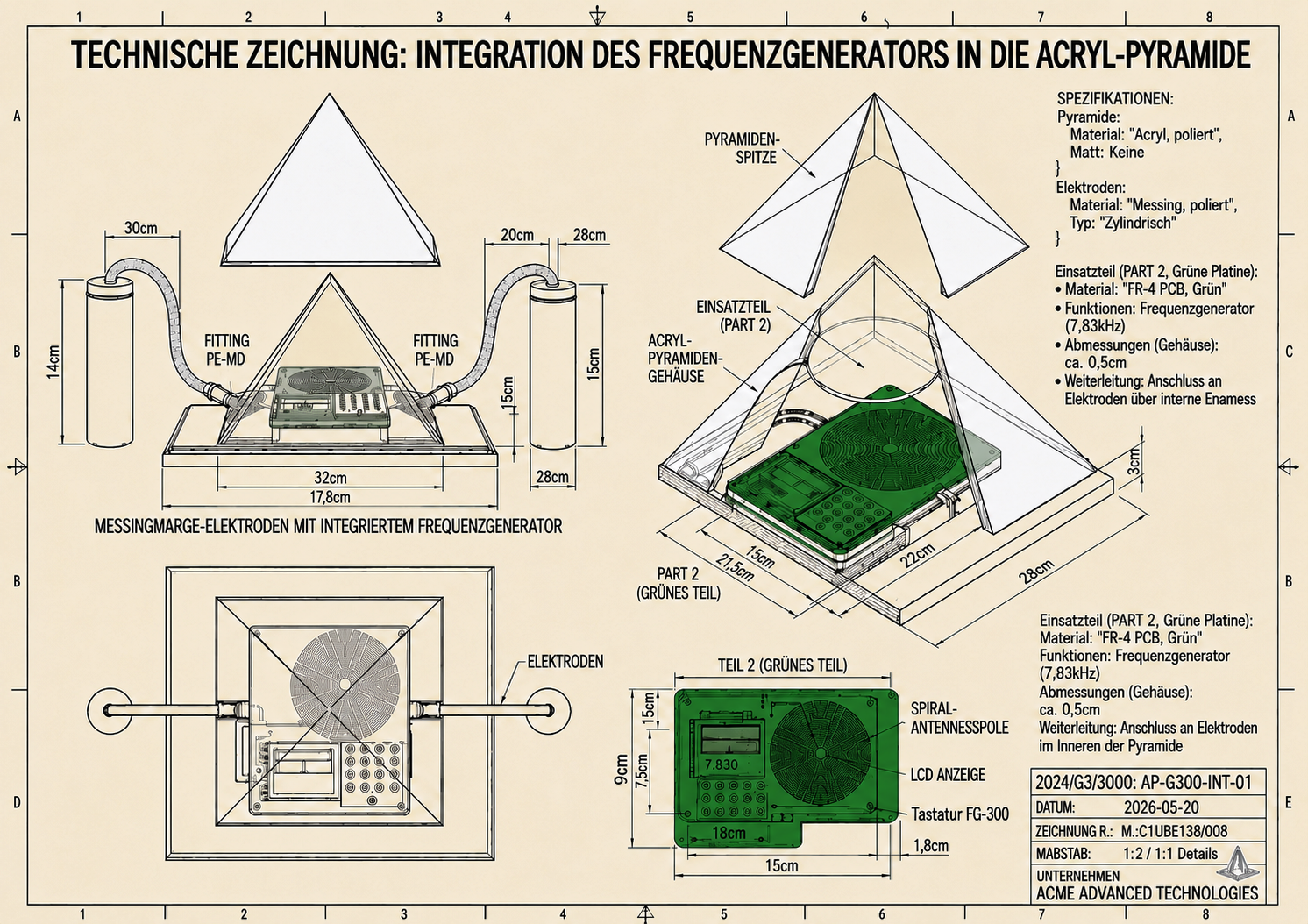 Technische Zeichnung: Integration des 7,83-Hz-Frequenzgenerators in die Acrylpyramide mit Messingelektroden