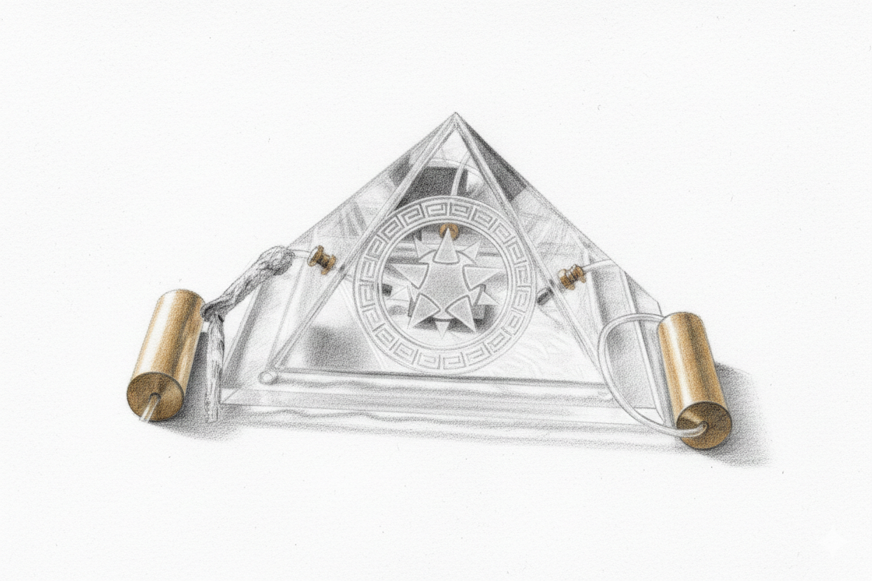 „Handgezeichnete Illustration einer Acrylpyramide mit angeschlossenen Messing-Handelektroden auf weißem Grund.“